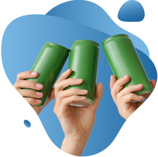 Three hands, each holding a green slim aluminum can, clinking cans together.