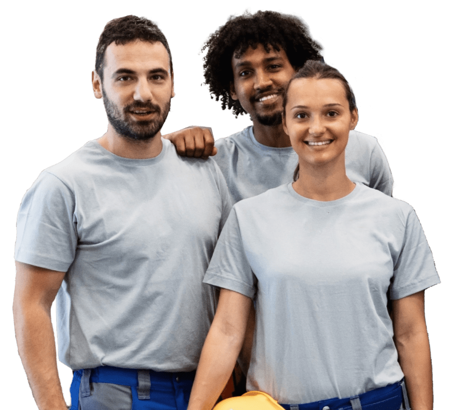 Two men and one woman with happy expressions are wearing gray t-shirts.