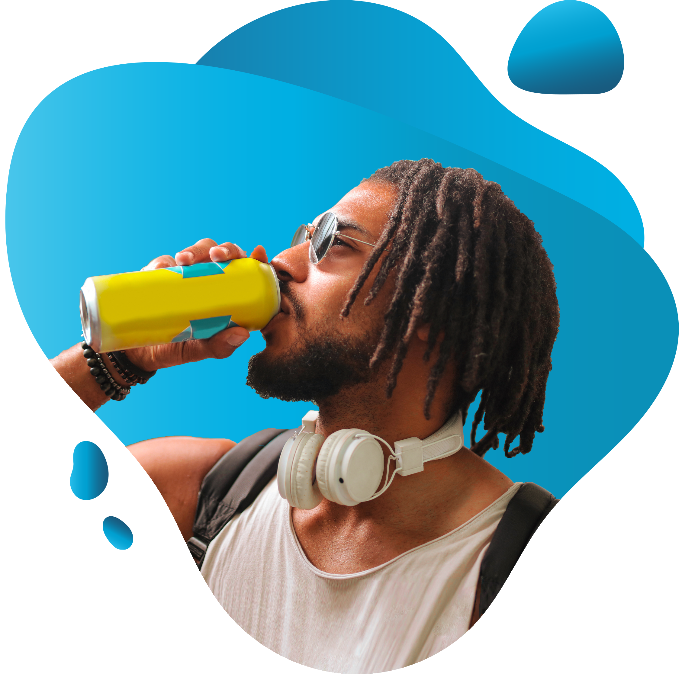 Man wearing sunglasses is facing to the left, drinking from a yellow aluminum can.