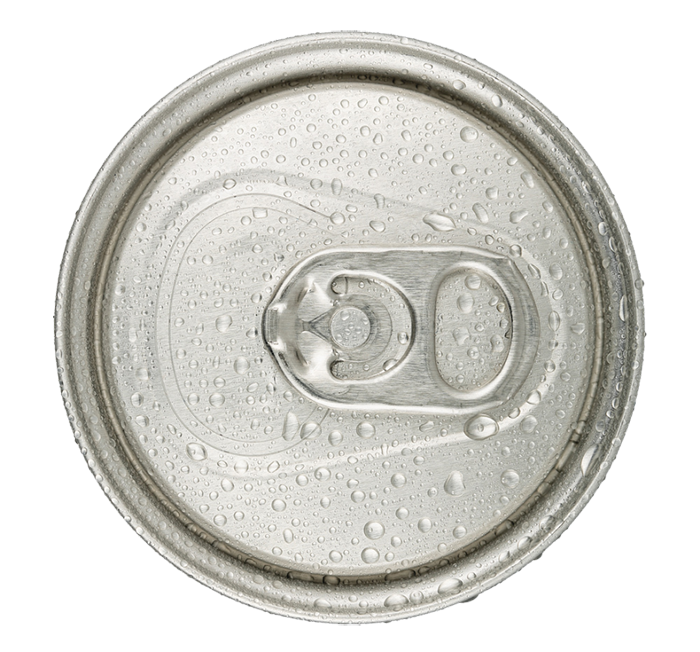 Top of an aluminum can that is covered in water drops.